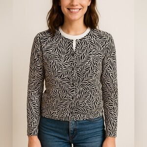 Lands End Button Up Brown/Cream Lightwt Cardigan, Leaf Design Womens size Medium